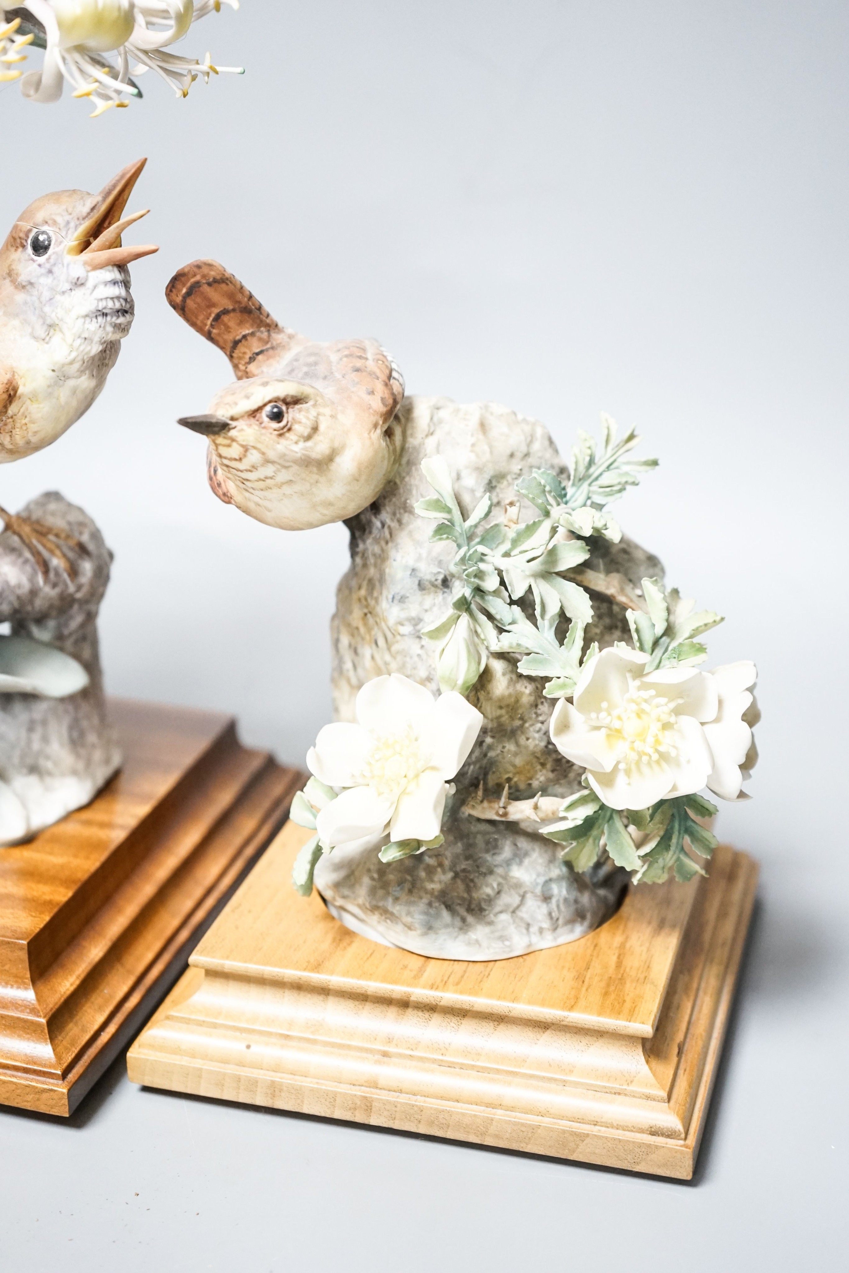 Three Royal Worcester porcelain groups of birds, modelled by Dorothy Doughty - ‘’Nightingale and Honeysuckle’’, “Wren and Burnet Rose’’, (a hen and a cock), each with certificates